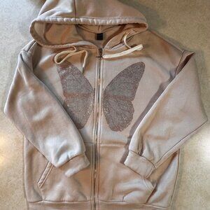 Shein Tan Sparkly Butterfly Hoodie Sweatshirt